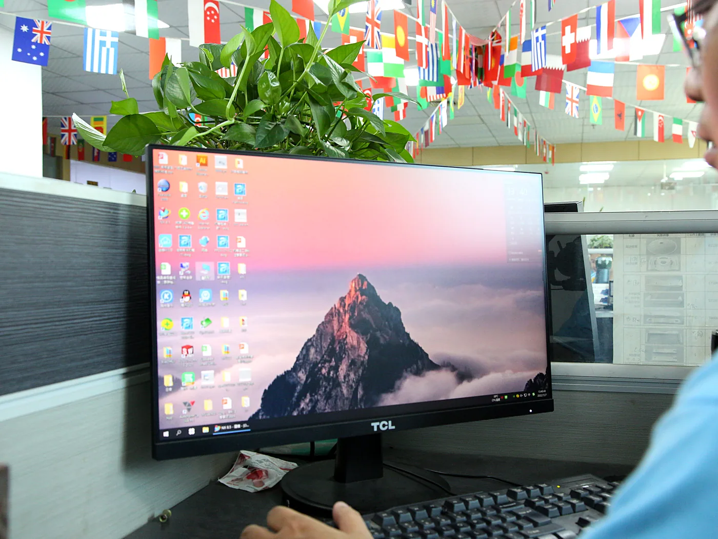 An engineer's desk with a monitor, keyboard and plants