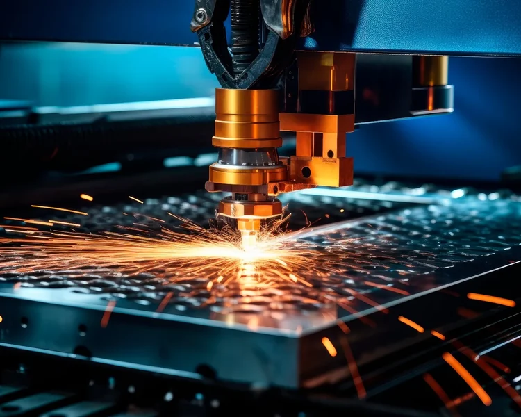 Fiber laser cutting a steel sheet, sparks at the cut line