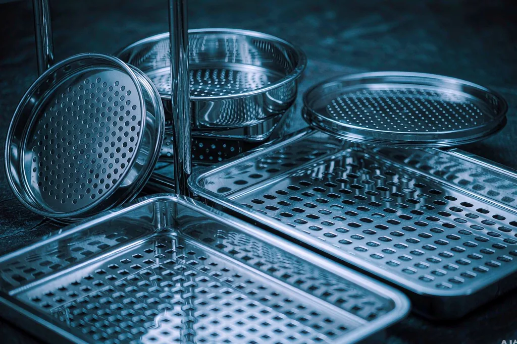 Stainless steel medical instrument trays and sterilisation housings